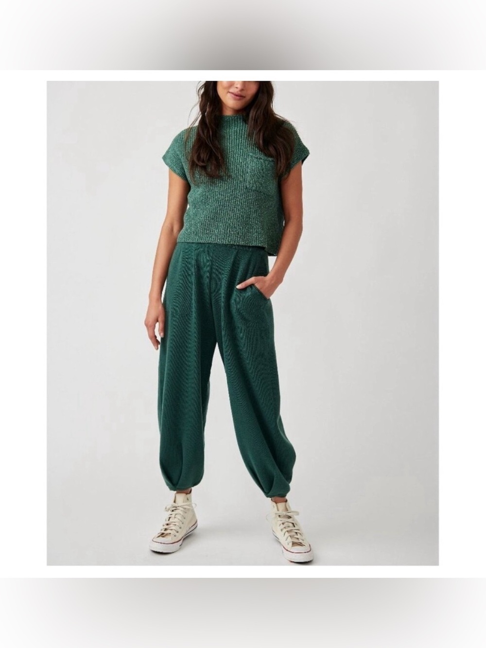Free People Beach Freya Sweater Relaxed Emerald Knit Jogger Pants Size XS